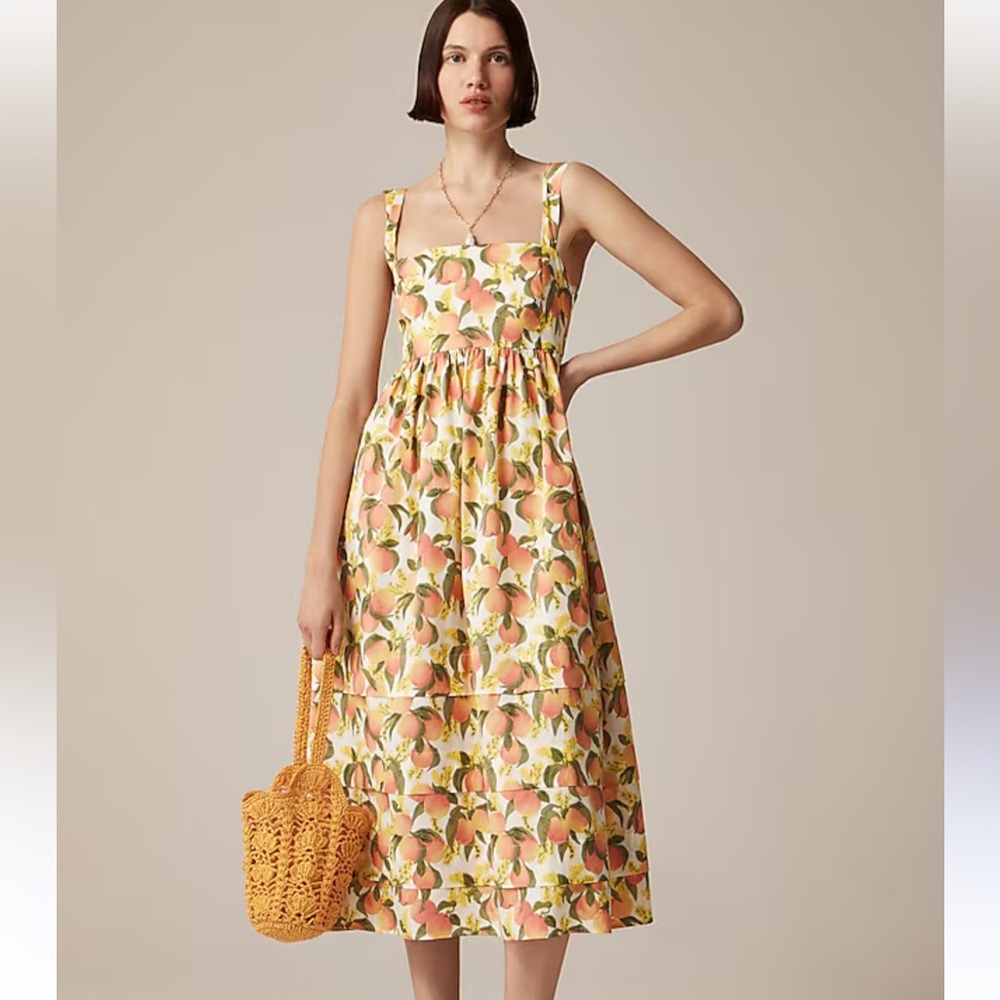 Squareneck Cotton Poplin Midi Dress in Peach Print - 14 Tall